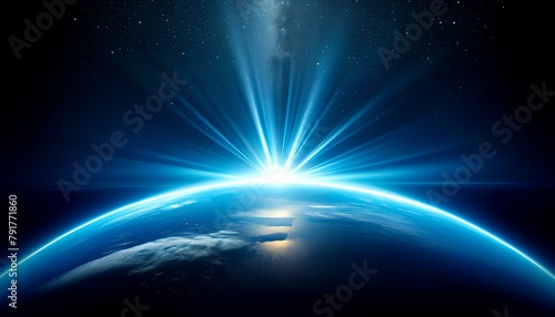 Fototapeta Naklejka Na Ścianę i Meble -  earth in space, a radiant blue sunrise over Earth, the curved horizon of the planet, glistening reflections on an icy surface, star-studded space, and beams of light emanating from the sunrise.