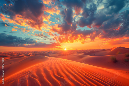 An illustration showcasing the sunrise over a desert. The sky is painted in soft hues of orange, pink, and gold as the first light of dawn breaks through the horizon