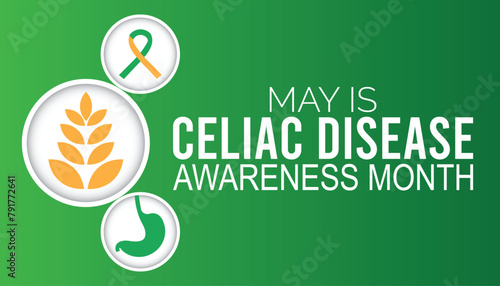 Celiac Disease Awareness Month observed every year in May. Template for background, banner, card, poster with text inscription. photo