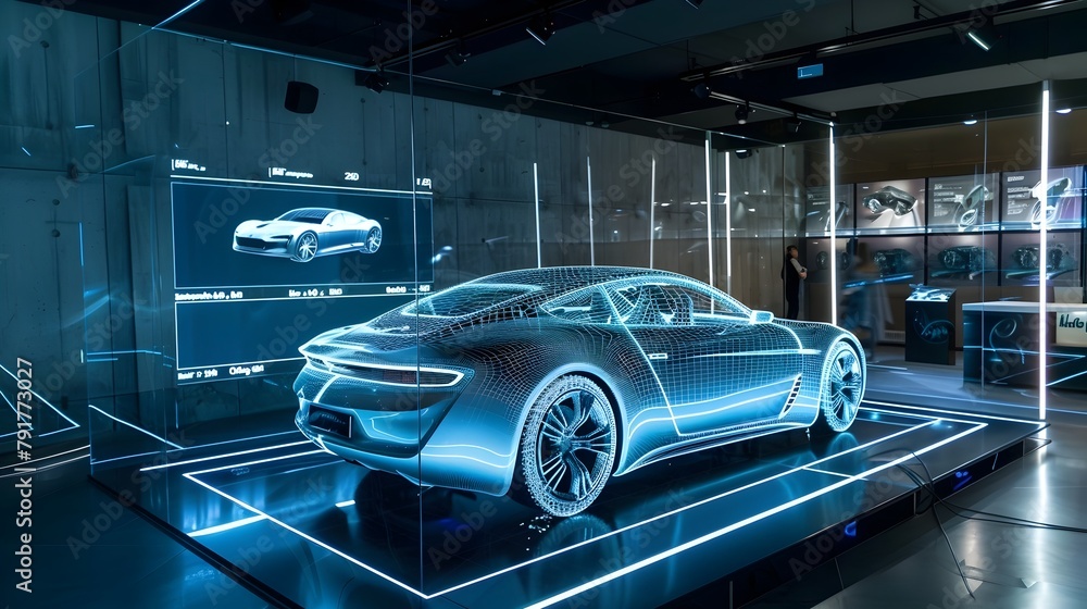 Interactive 3D Hologram in Luxury Car Showroom Allowing Detailed of Latest Model - obrazy, fototapety, plakaty 