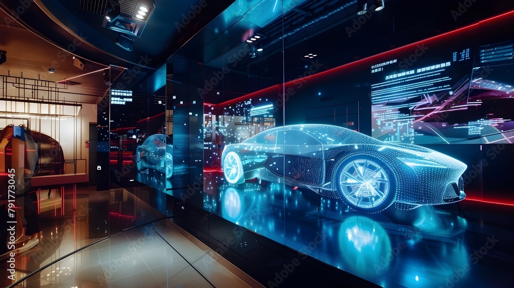 Fototapeta premium Interactive 3D Hologram in Luxury Car Showroom Allows Detailed of Latest Model