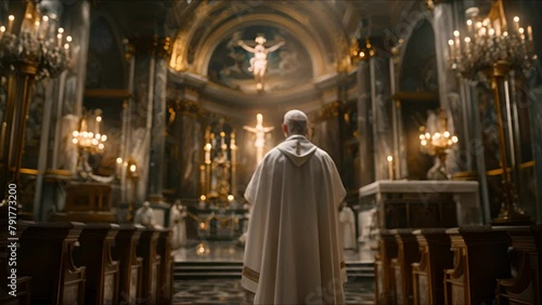Catholic priest in white robes at the altar of an ornate baroque church with statues and paintings on the walls. photo