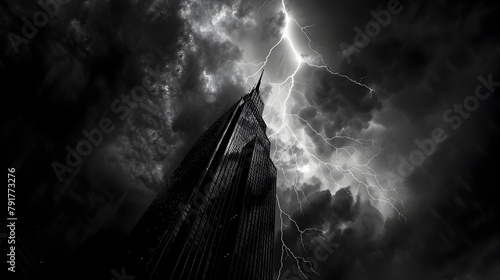 Resilient Metropolis: Skyscraper Spire Struck by Lightning Amidst Severe Thunderstorm