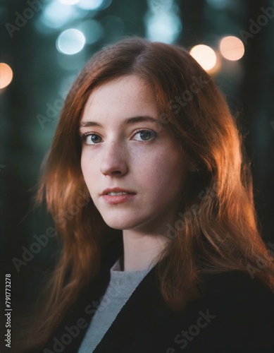 Ritratto di giovane donna con i capelli rosso-castani che guarda intensamente verso lo spettatore, al buio con sfondo sfocato nel bosco.