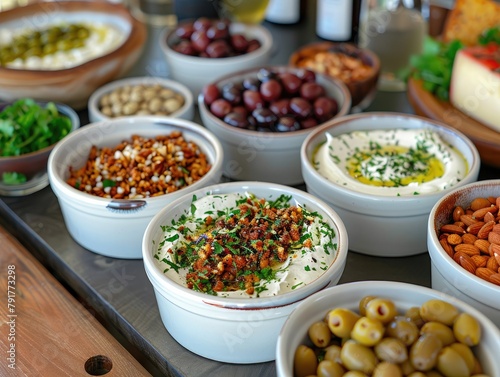 Snacks in Ramekins: Delightful Spread for Sharing - Nuts, Olives, Cheese, Dips - Close-up of Table Setting 