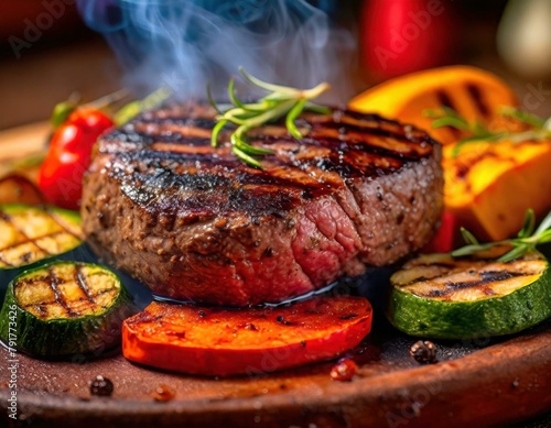 Capture the sizzle and steam of a freshly grilled steak, adorned with vibrant grill marks.