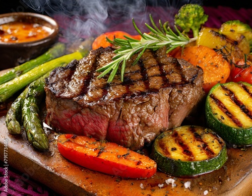 Capture the sizzle and steam of a freshly grilled steak, adorned with vibrant grill marks.