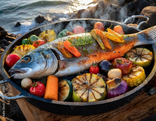 Capture the sizzle and steam of a freshly grilled entire fish, adorned with vibrant grilled vegetable. Background of seaside view. photo