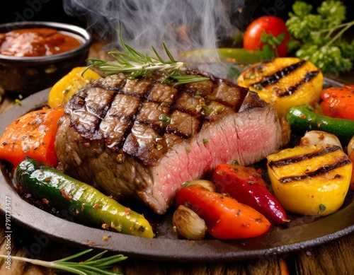 Capture the sizzle and steam of a freshly grilled steak, adorned with vibrant grill marks.