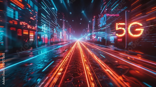 A futuristic 3D-rendered scene illustrating the power of 5G internet  with hi-tech elements and a sense of blistering speed