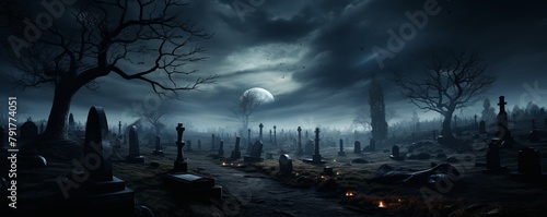 A dark and gloomy cemetery at night. The full moon is shining through the clouds and there is a slight fog on the ground.
