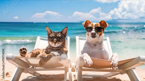 Dog and cat vacation with sunglasses lazy relax funny summer beach chair. AI Footage.