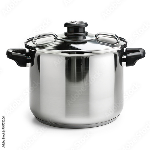 shiny stainless steel pan, with blsck handles and covered with a lid, isolated photo