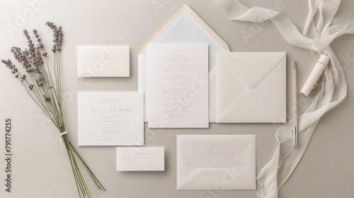 Wedding invitation suite with lavender sprigs on a neutral background