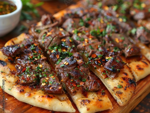 Boat-shaped Flatbread with Seasoned Beef: Hearty and Flavorful - Perfect for Sharing - Close-up of Dish