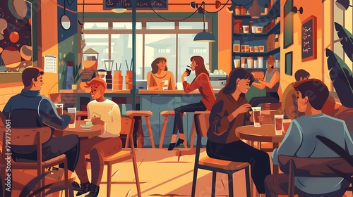 an illustration of a cozy coffee shop scene with patrons enjoying their drinks and conversation