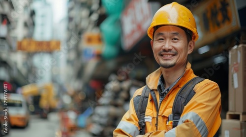 Cheerful engineer in yellow hard hat posing with city construction in the background © AI Dev Studio