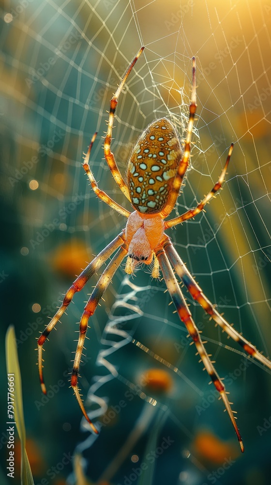A stunning spider is highlighted by sunlight, with morning dew adorning its intricate web A stunning spider is highlighted by sunlight, with morning dew adorning its intricate web