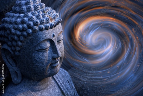 Buddha in serene meditation, encircled by swirling hues and abstract patterns, evoking enlightenment.