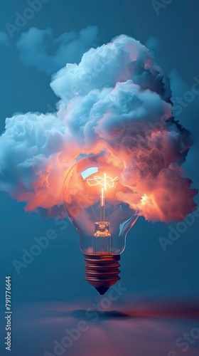 A light bulb with glowing orange filament surrounded by blue and white clouds on a blue background.
