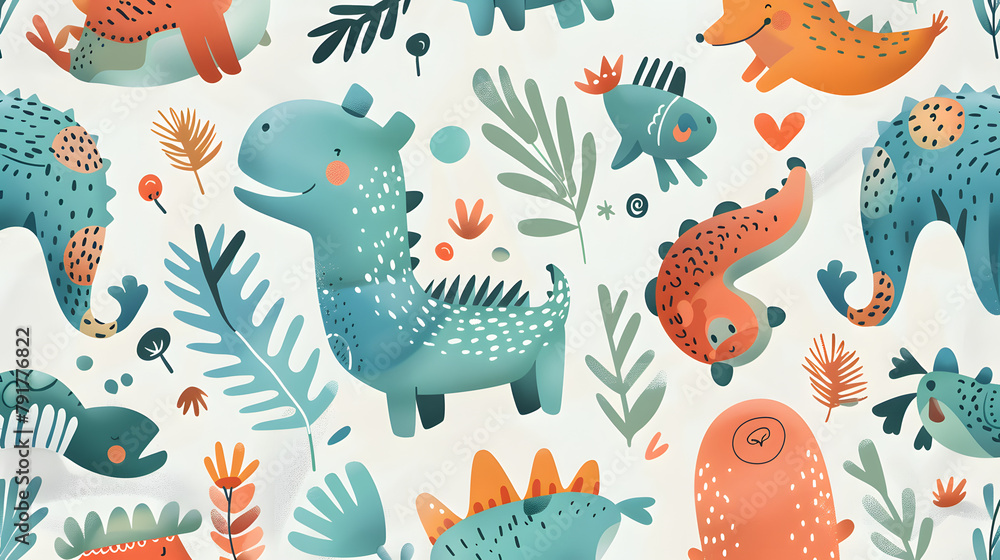 Cute seamless dino illustration, background Cute seamless dino illustration, background