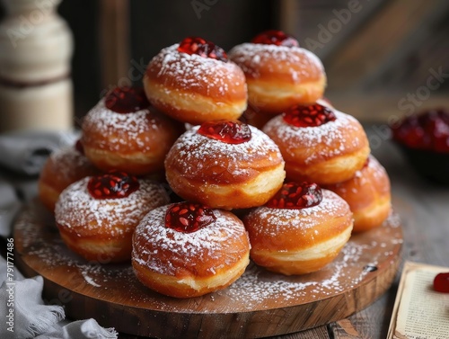 Polish PÄ…czki Indulgence: Sweet Fruit Jam-filled Doughnuts - Tempting Visuals - Soft Lighting - Close-up of PÄ…czki 
