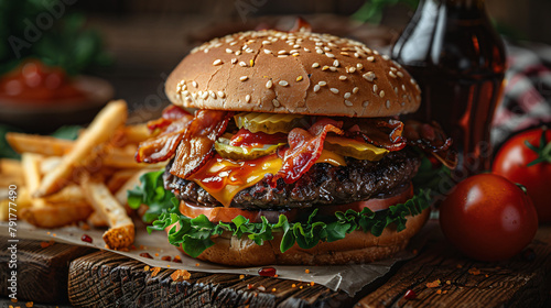 Hamburger on a Wooden Background, Generative AI