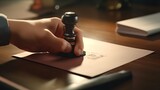 Person Pressing a Rubber Stamp on a Document

