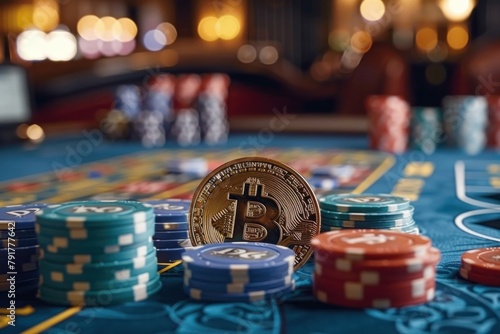 A shiny gold Bitcoin sits on a green casino table surrounded by stacks of blue, red, and white poker chips. photo