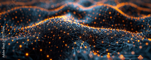 A glowing orange network of interconnected nodes resembling a circuit board.