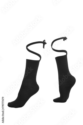 Close-up shot of a woman's black socks with straps. A pair of cotton socks for women is isolated on a white background. Side view. photo