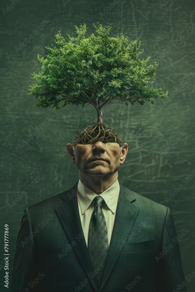 A tree growing out of a man's head. A tree growing out of a man's head.