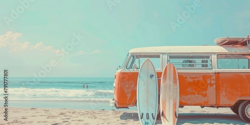Fototapeta Naklejka Na Ścianę i Meble -  Vintage orange van with surfboards, on the beach, sea background