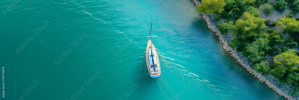 Aerial view of a sailboat on the sea. Beautiful sea view.