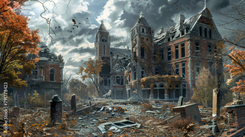 A desolate, abandoned town with a large, ruined building in the center