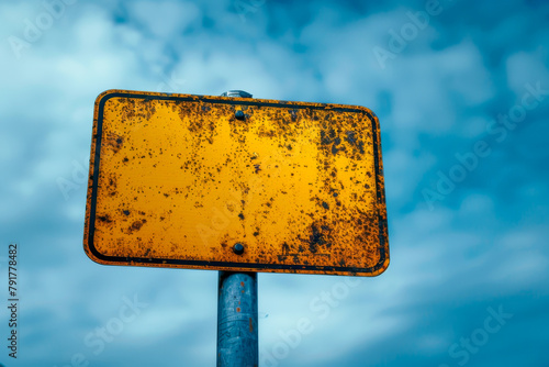 A yellow sign with a black border is on a pole