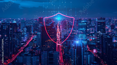 A glowing red shield with a blue circuit board pattern in the center protects a futuristic city from a cyber attack. photo