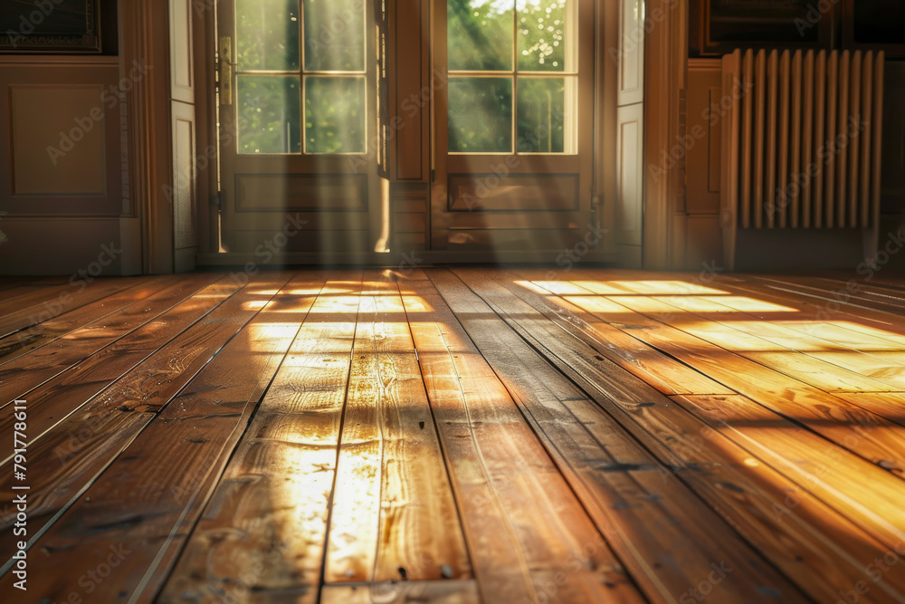 A wooden floor with sunlight shining through the windows, creating a warm A wooden floor with sunlight shining through the windows, creating a warm