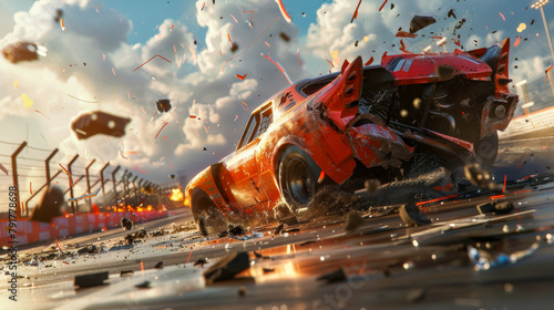 A car is crashing into a wall in a video game