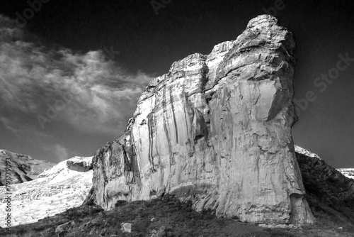 Black and white view of the Dramatic, imposing Sandstone cliff known as the Brandwag Buttress in the Golden Gate Highlands National Park, South Africa