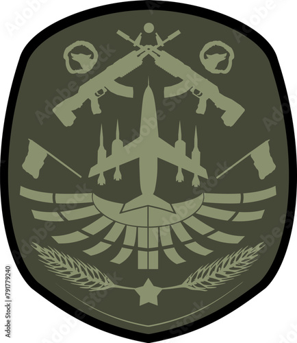 Vektor Symbol Silhouette - Militär mit Kampfjet, Maschinengewehr und Flügeln - Ehre und Stolz - Militär Einsatz - Design Element Aufnäher