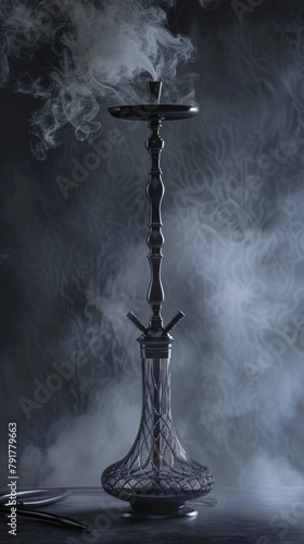 Elegant hookah with swirling smoke on a dark backdrop