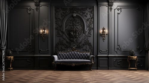 Digital backdrop for photography of a dark and opulent room with a black velvet sofa, two sconces, and a decorative wall panel.
