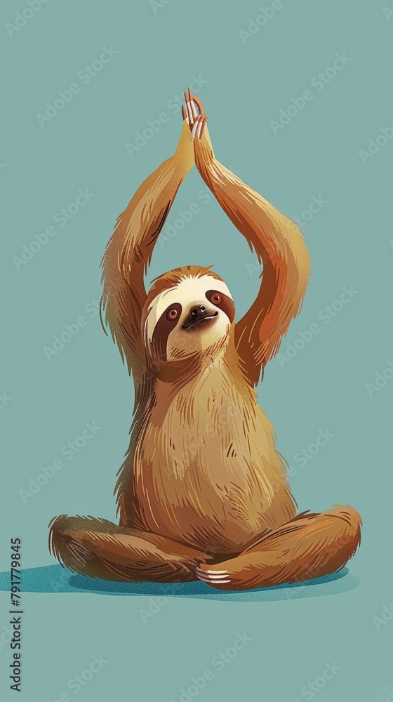 Naklejka premium Sloth practicing yoga with arms raised in lotus position