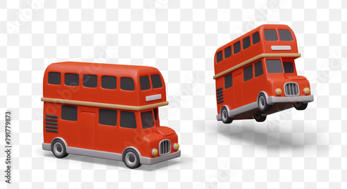 British bus is standing and speeding. Red public transport vehicle