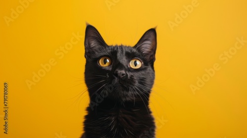 Black cat with bright yellow eyes on a yellow background © NK