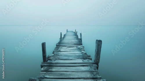 Old wooden pier extending into a misty lake