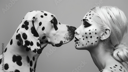 Woman with dalmatian pattern makeup nose to nose with a Dalmatian dog