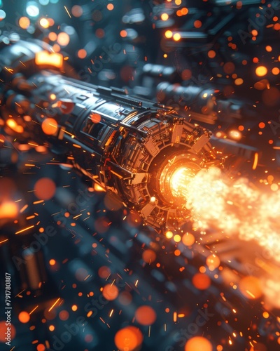 A detailed depiction of a sci-fi hyperdrive engine igniting with a burst of particles and intense energy.