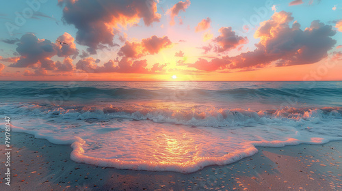 Sunrise over the ocean with colorful clouds and gentle waves